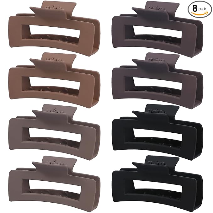8 Pcs Large Hair Claw Clips 4.1 Inch Non-slip Big Square Matte Hair Claws for Women, Strong Hold Banana Clip for Thick Thin Hair(Grey/Khaki/Black)