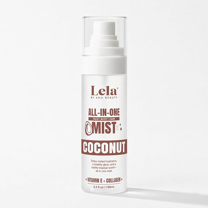 Lela Beauty All-In-One Coconut Mist Hydrating Face, Body & Hair Spray with Vitamin E & Collagen- Lightweight Travel Size Formula with Cooling Facial Mist for Glow & Refreshed Skin - 3.4fl oz
