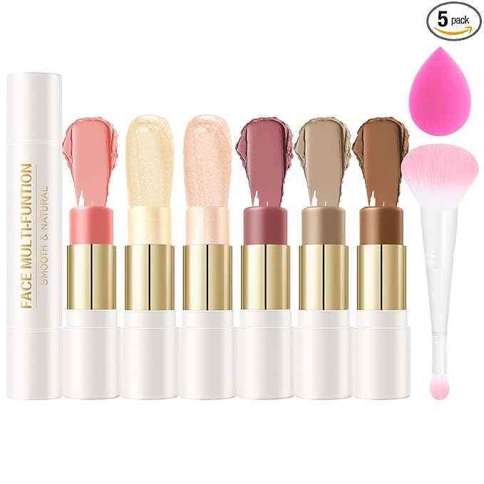 6 Colors Cream Contour Stick Set,Double-ended Cream Bronzer Stick,Highlighter Stick,Blush Stick,Professional Highlighter Makeup Contour Kit,Easy to Sculp Contorno Maquillaje（Set A）