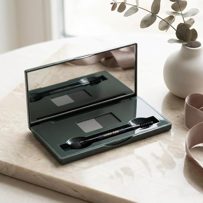 Marie-José Soft Charcoal & Black Duo Brow Powder Kit – Waterproof Eyebrow Powder with 6 Reusable Stencils & Dual-Ended Brush, Long-Lasting Natural-Look Brow Makeup for Dark Hair & Silver Highlights