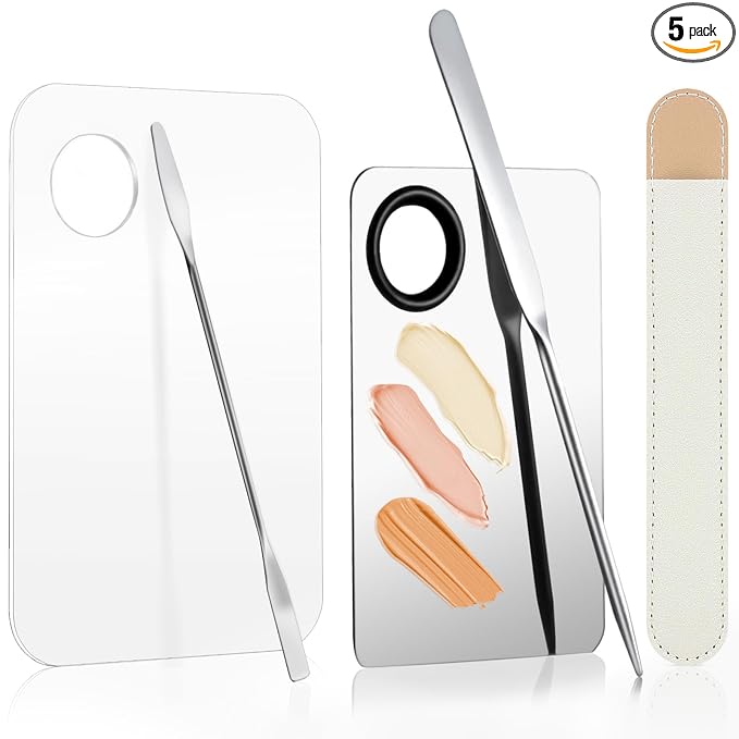 5pcs Professional Makeup Spatula Korean Set with Foundation Spatula Stainless Steel Makeup Palette Acrylic Cosmetic Palette,Reusable Beauty Tools for Facial Cosmetic,Nail Art,Pigment Blending