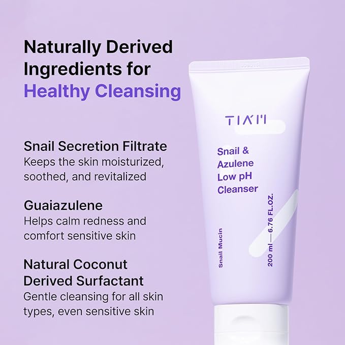 TIA'M Snail&Azulene Low pH Cleanser, 6.76 fl oz, Daily Gentle Face Cleanser with Snail Mucin, Suitable for Sensitive Skin, pH Balancing, Korean Skin Care, Korean Face Wash