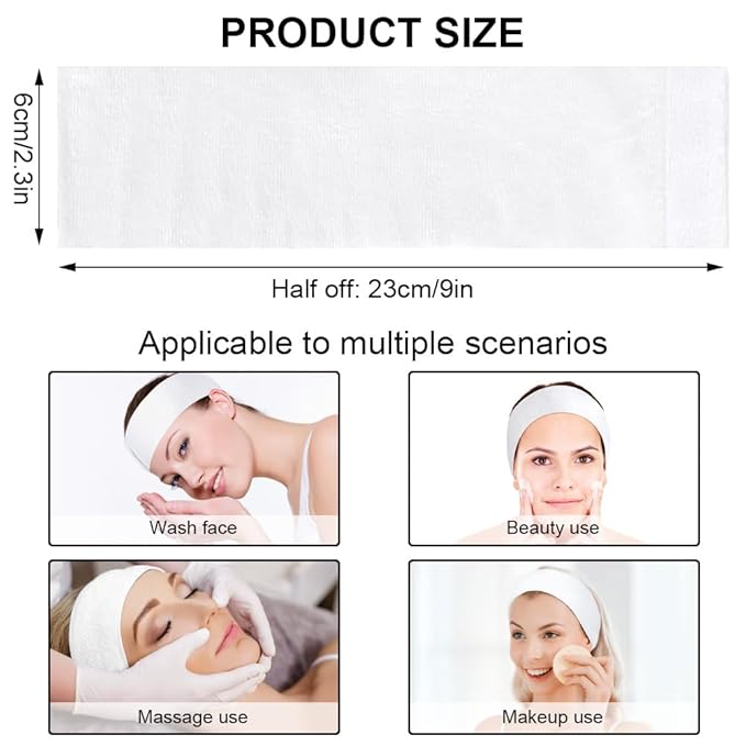 Clucycia 50PCS Disposable Headbands Spa Facial Hair Bands Elastic Non-woven Headband with Magic Tape Stretch Soft Skin Care Hair Band with Straps for Salons Supplies White