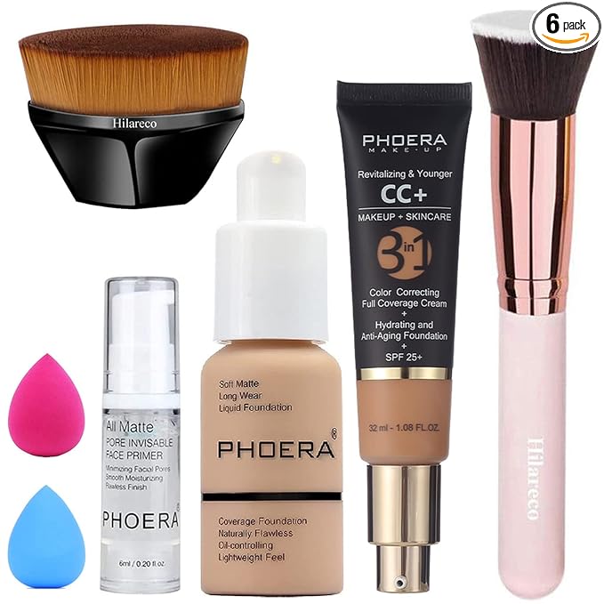PHOERA Foundation & CC Cream, Anti Aging Hydrating Serum with SPF 25+, Primer, Makeup & Kabuki Brushes - Buff Beige