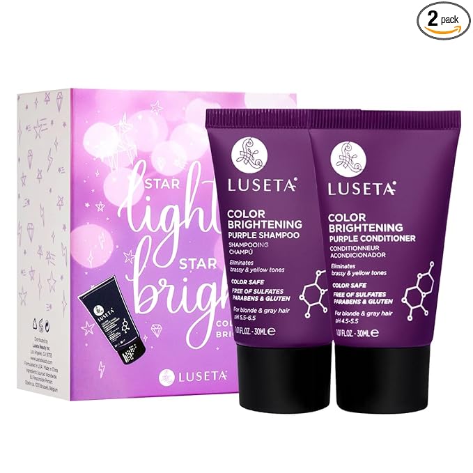 Luseta Color Brightening Purple Travel Shampoo and Conditioner Mini Kit for Blonde, Silver and Gray Hair - Brassiness Neutralizer for Highlighted and Bleached Hair, 2x1.01oz Carry on Friendly