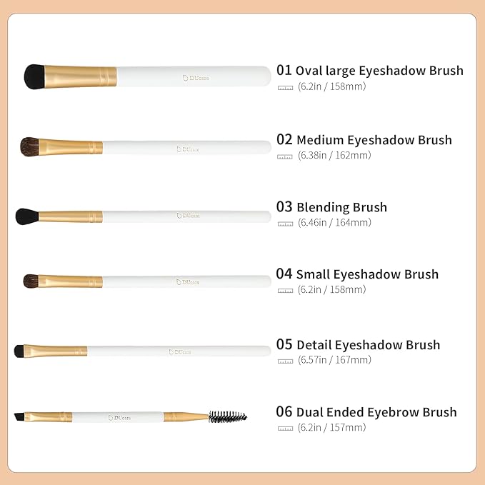 DUcare Eye Makeup Brush Set, 6 Pcs Professional Eyeshadow Blending Makeup Brushes for Concealer Eyebrows Eyeliner, Soft Hairs & Wood Handle, White