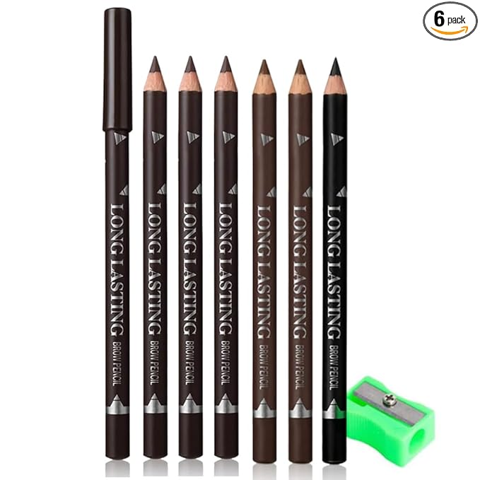 6Pcs Eyebrow Pencils for Women, Wooden Hard-Core Eyebrow Pencil, Eyebrow and Eyeliner Pencils, Waterproof and Sweat-Proof (3Pcs Dark brown+2Pcs medium brown+1Pcs Black)