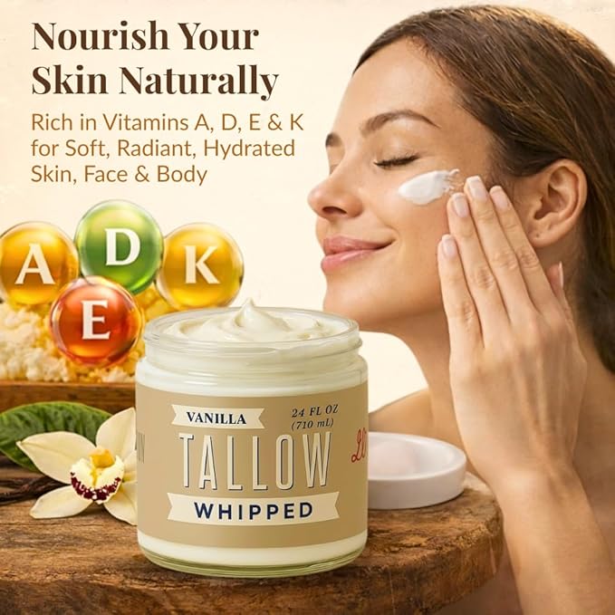 Whipped Tallow 24oz - All Natural Face Cream + Whole Body Moisturizer for Dry Skin - Made With Scented Oil Blend - No Preservatives, Parabens or Seed Oils - USA Made (Vanilla)