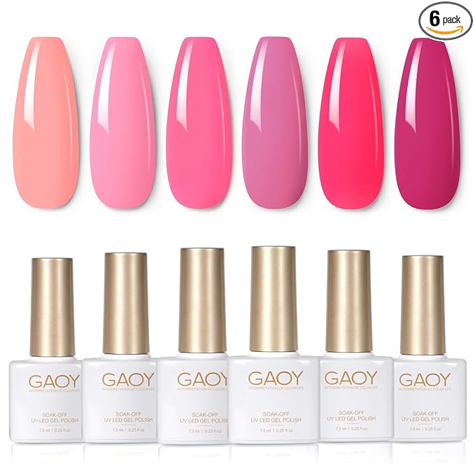 GAOY Pink Gel Nail Polish Set, 6 Colors Neon Light Bright Baby Pink Soak Off UV Light Cure Gel Polish Kit for Salon and Nail Art DIY at Home
