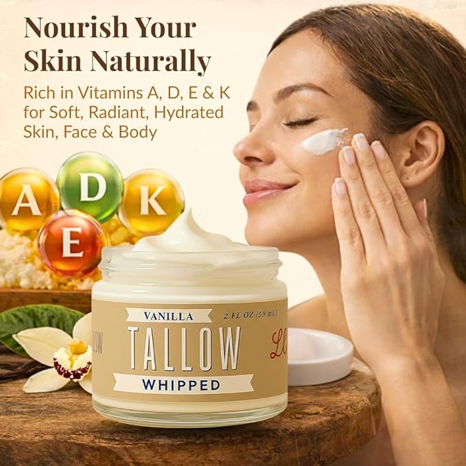 Whipped Tallow 2oz - All Natural Face Cream + Whole Body Moisturizer for Dry Skin - Made With Scented Oil Blend - No Preservatives, Parabens or Seed Oils - USA Made (Vanilla)