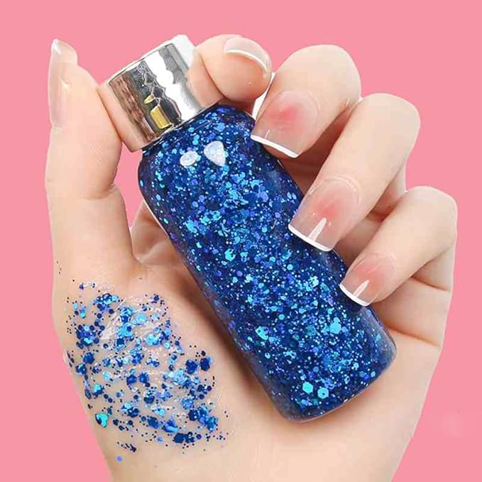 Body Glitter Gel, Mardi Gras Chunky Face Glitter Mermaid Sequins, Sparkly Hair Glitter,Singer Concert Festival Rave Accessories, Halloween Body Painting (#05 Blue)