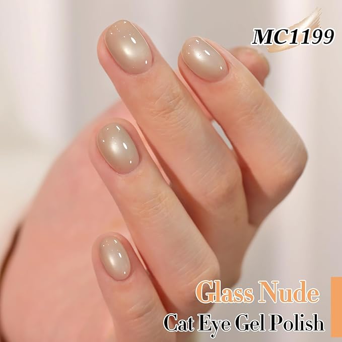 Double Rhythm 15ML Jelly Glass Cat Eye Gel Polish with Magnet Holographic Glitter Shimmer Translucent Sheer Color Salon Soak Off Magnetic Nail at Home (Pale Nude-MC1199)