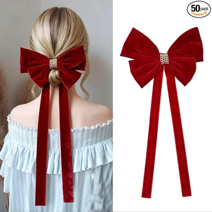 Red chain velvet large bow hair accessory, high-end hair clip with high-end feel, ribbon tassel spring hair clip, Christmas, parties, dates, etc