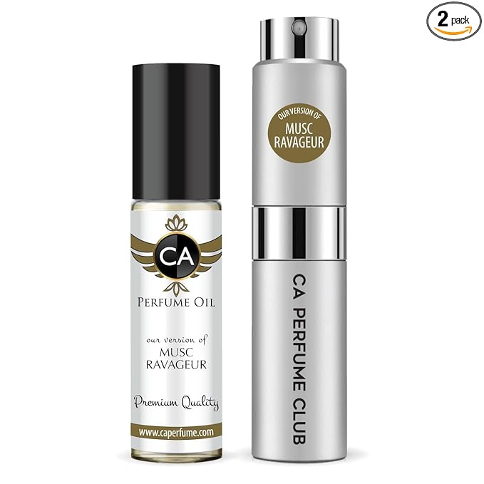 CA Perfume Duo Impression of Musc Ravageur For Women And Men Perfume Layering Set Long Lasting Travel Size EDP + Body Oil Roll-On Bottle 0.27 Fl Oz+0.33 Fl Oz