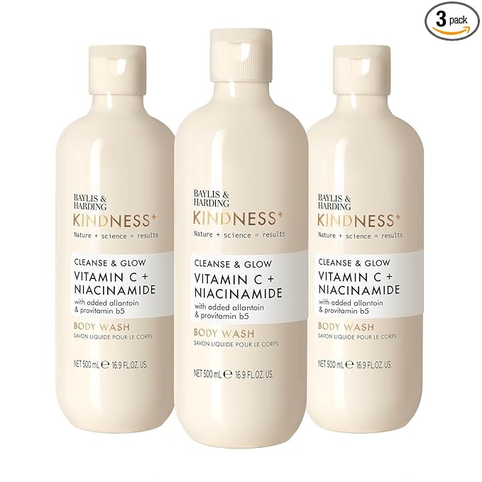 Baylis & Harding Kindness + Vitamin C & Niacinamide, Orange & Mango Fragrance, 16.9 fl. oz Cleanse & Glow Body Wash (Pack of 3) - Biodegradable Formula - Vegan Friendly