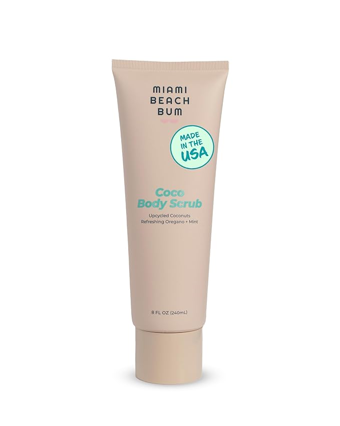 Miami Beach Bum Coconut Body Scrub - 8 oz Coco Body Exfoliator Scrub with Oregano, Lactobacillus, Aloe, Glycerin & Coconut Oils for Breakouts & Irritation - Made with Upcycled Coconut Shells