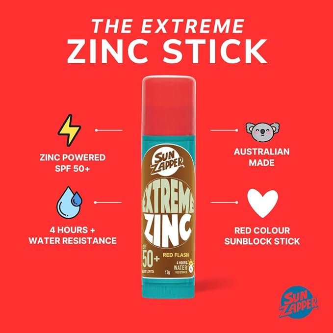 Sun Zapper Extreme Zinc Sunscreen Stick SPF 50+ Red Flash – Colored Water Resistant Mineral Sunscreen for Face, Zinc Oxide Surf Sunscreen Stick for Water Sports, 15g (0.53 oz), Australian Made