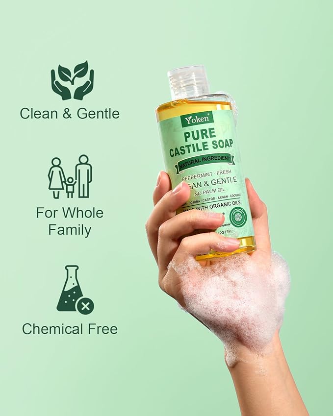 Yoken Peppermint Castile Soap Liquid 8 OZ, Made with Certified Organic Oils, Gentle Peppermint Soap for Body Wash, Face, Hands, Dishes, Laundry & More - Vegan & Natural Ingredients Versatile Cleanser