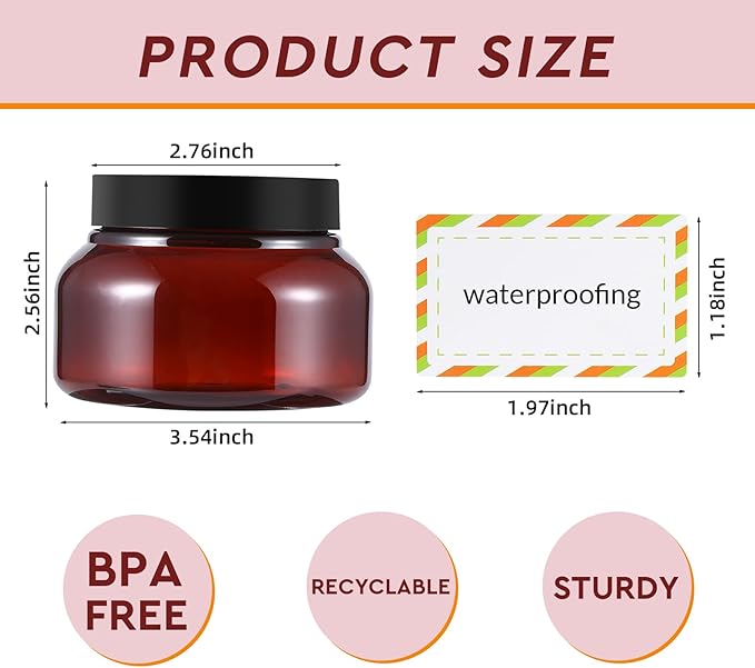 24 Pack 8 Oz Plastic Containers With Lids and Waterproof Label BPA Free - Refillable Transparent Cosmetic Containers for Body Butter,Sugar Scrubs,Cream,Lotions,Candy,Bath Salt (Brown, 8 oz)