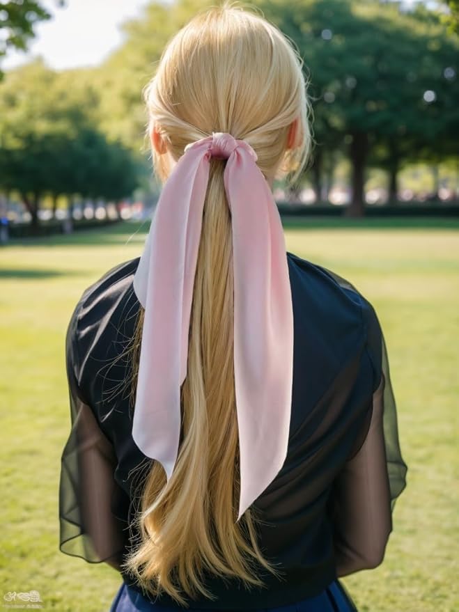 Pack of 2 Knotted Bow Hair Scrunchies Elastic Hair Scarf Black Hair Ties Bands Satin Hair Ribbon Scrunchy Red Ponytail Holder for Women and Girls (Light pink)