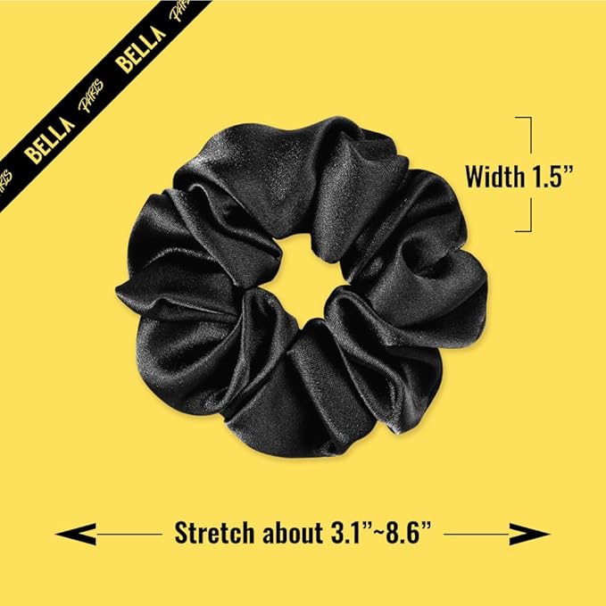 PARISBELLA Silky Satin Scrunchies For Women, Satin Hair Ties for Thick and Thin Hair, Classic Black, Pack of 3