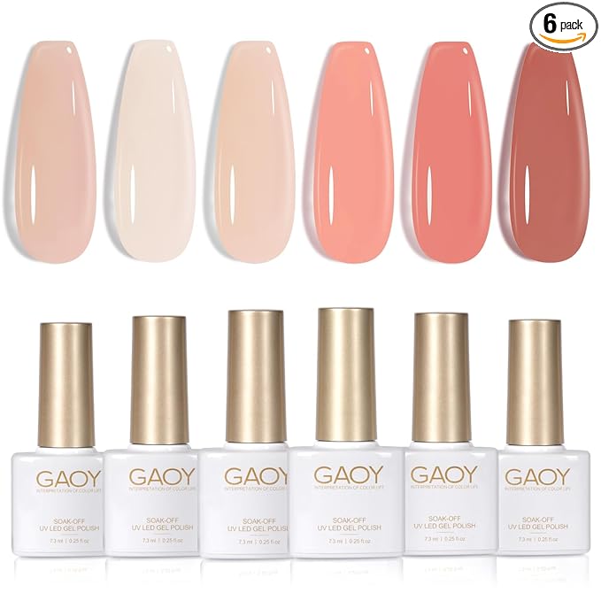 GAOY Milky Pink Jelly Nude Gel Nail Polish Set, 6 Transparent Colors Sheer White Soak Off UV Light Cure Gel Polish Kit for Salon and Nail Art DIY at Home