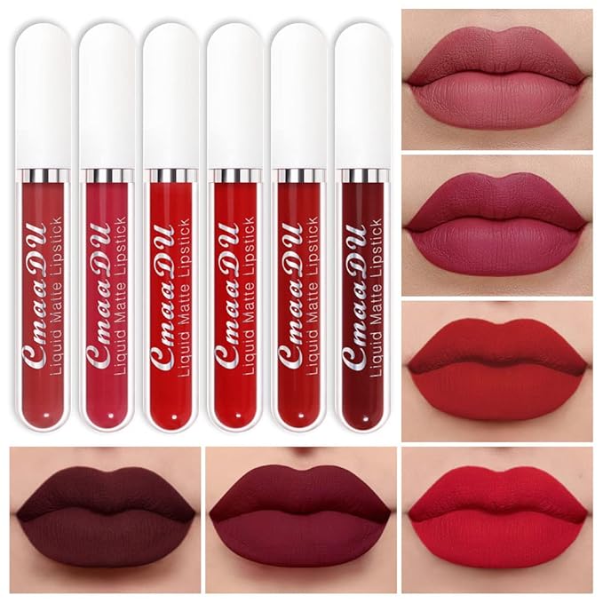 evpct 6Pcs Liquid Matte Lipstick Lipgloss Set for Women, Dark Deep Bright Ruby Blood Brick Plum Mauve Rose Red labiales mate 24 horas originale matte larga duracion 24 Hour Lipstick Long Lasting