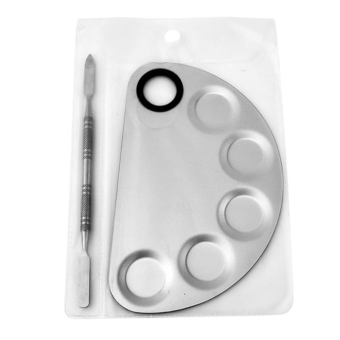 1Set of 5-Dents Half Moon Stainless Steel Cosmetic Palette with Spatula,Nail Makeup Mixing Color Plate Artist Painting Tools (Semi-Circle Five concave Color Palette)