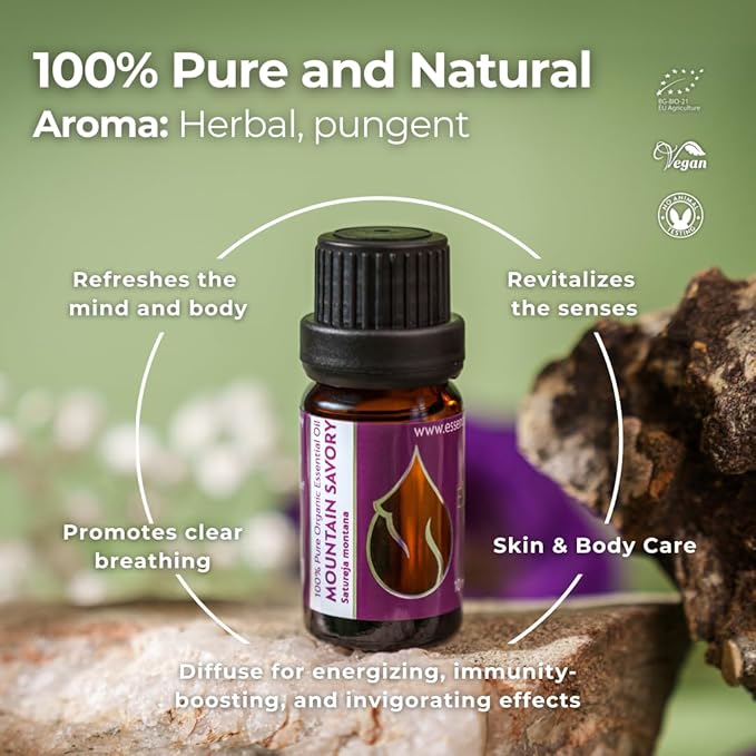 Essences Bulgaria Organic Mountain Savory Essential Oil 1/3 Fl Oz | 10ml | Satureja Montana | 100% Pure and Natural | Undiluted | Therapeutic Grade | Family Owned Farm | Steam-Distilled | Non-GMO