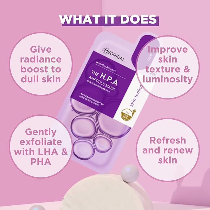 Mediheal Official Best No.1 Korean Sheet Mask - HPA Ampoule Face Mask 10 Sheets for Smoothing, and Instant Glow with LHA & PHA