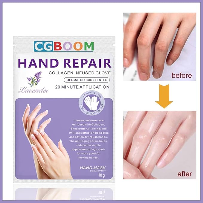 CGBOOM 5 Pairs Hand Masks Moisturizing Gloves, Hand Skin Repair Renew Mask Infused Collagen, Vitamins + Natural Plant Extracts for Dry, Aging, Cracked Hands (Lavender)