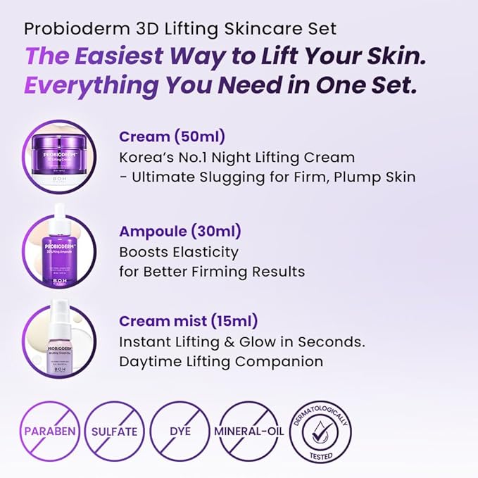 BIOHEAL BOH Probioderm 3D Lifting Skincare Set | Cardi B's Korean Night Cream, Serum & Face Mist for Lifting & Firming | Perfect Anti-Aging Routine for Dry, Dull, Saggy Skin | Mother’s Day Gift