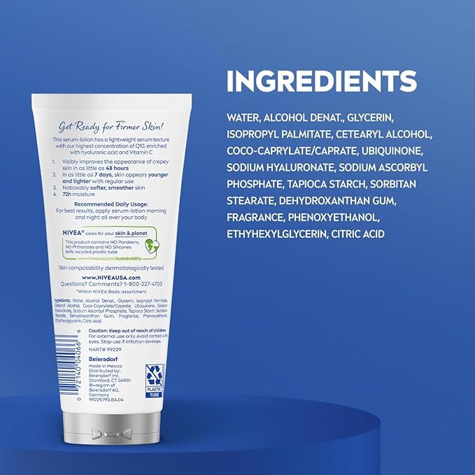 NIVEA Skin Firming & Anti Crepe Body Serum-Lotion with Q10, Hyaluronic Acid and Vitamin C, Skin Firming Body Lotion for Crepey Skin, 72-Hour Moisture, 6.7 Fl Oz Tube
