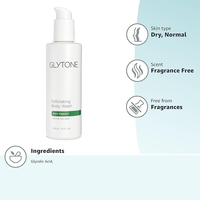Glytone Exfoliating Body Wash - 8.8 Free Acid Value Glycolic Acid - Keratosis Pilaris - Smooth Rough & Bumpy Skin - Oil & Fragrance-Free - 6.7 fl. oz.