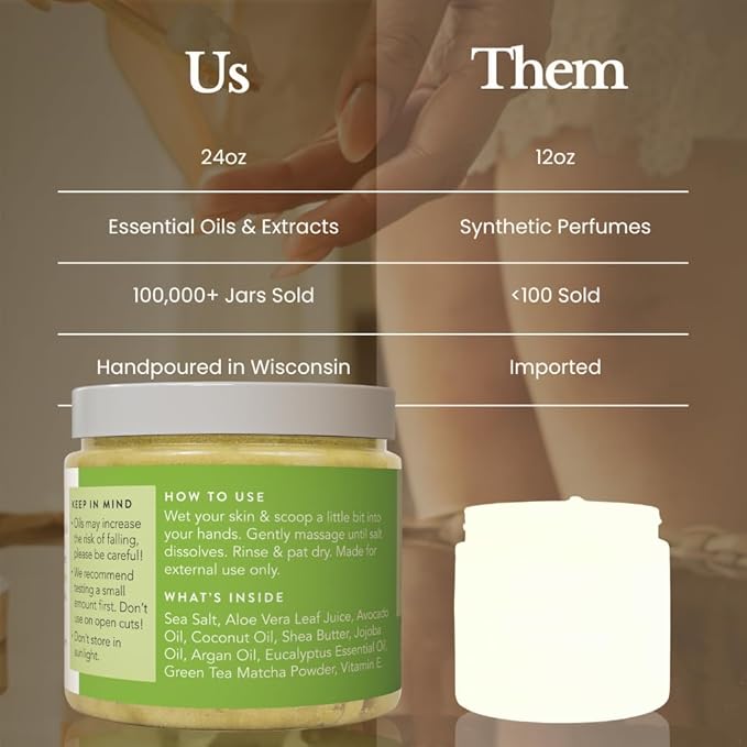 Bare Botanics 24oz Matcha Eucalyptus Sea Salt Body Scrub | Non-toxic, Vegan & Cruelty-free | Made in Madison, WI | Full Body Exfoliator & Hydrating Moisturizer with a Cute Wooden Spoon