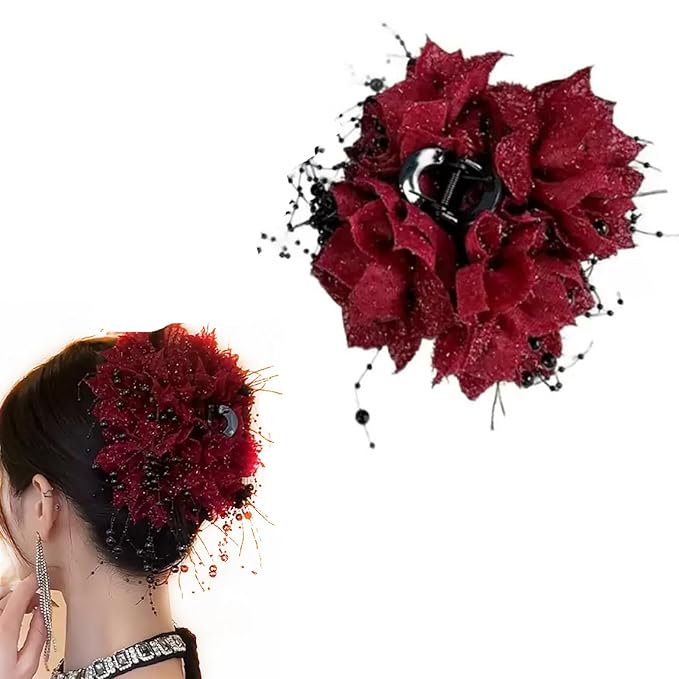 1pc Large Floral Bow Hair Claw Clips with Beads Tassels Red Flower Hair Claw Clip Hair Jaw Clip Hair Accessories for Women Girls Wedding Party Daily Wearing