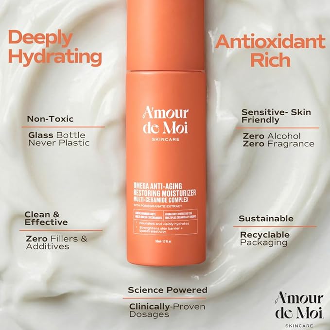 ADM Omega Multi-Ceramide Face Moisturizer – Lightweight, Hydrating Barrier Repair Moisturizer & Ceramide Moisturizer Cream with Omegas 5-6-9, Pomegranate & Vitamin E for Sensitive Skin, 1.7oz