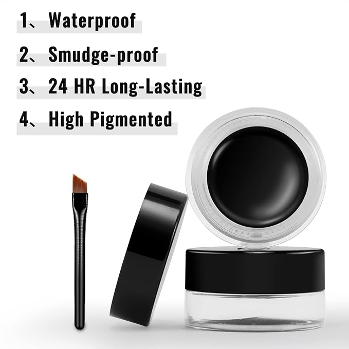 Erinde Black Gel Eyeliner, Waterproof Cream Eyeliner Gel Pot, High-Intensity Pigments Long Lasting Smudge Proof Eye Liner Eyebrow Makeup, Waterline Matte Eye Liner with 2PCS Brushes, 02 Balck