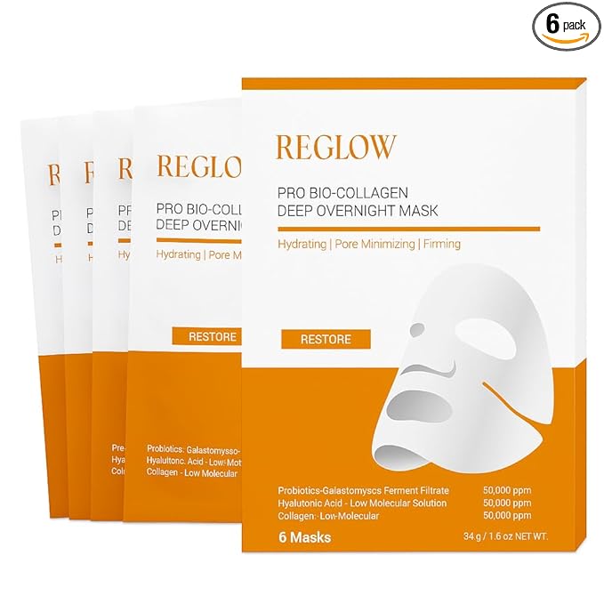 ReGlow RESTORE PRO Bio Collagen Real Deep Mask - Hydrogel Overnight Korean Face Mask for Glass Skin - Pore Minimizing & Elasticity - Collagen Sleeping Face Mask - Mothers Day Gift - 6 Pack
