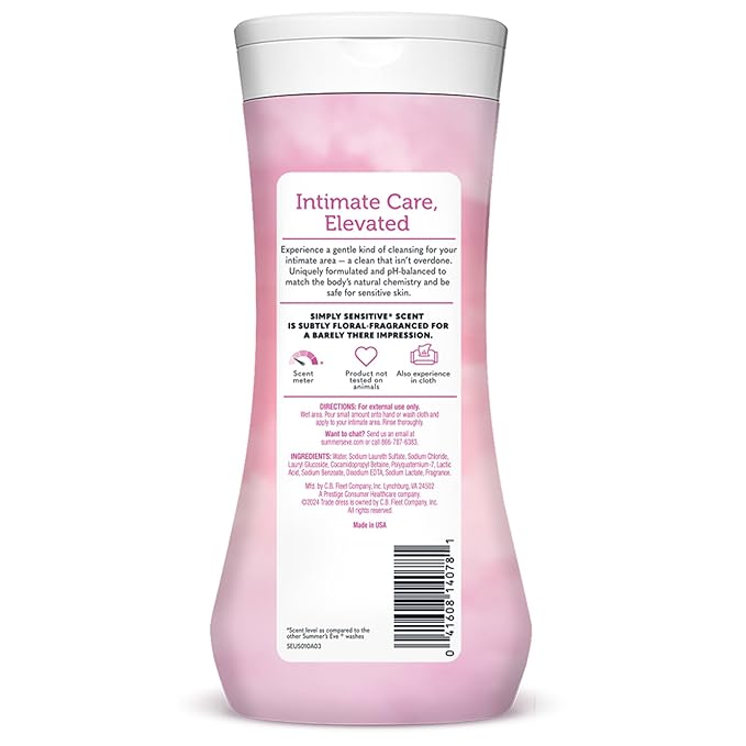 Summer's Eve Simply Sensitive All-Over Daily Feminine Wash, Gentle pH-Balanced Body Wash for Women, Removes Vaginal Odor, 15 Fl Oz