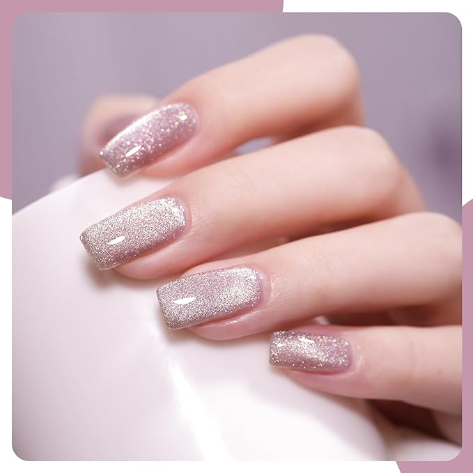 GAOY Pink Glassy Cat Eye Gel Nail Polish, 16ml Glitter Holographic Nail Polish with Magnet, Reflective Translucent UV Gel, 2146 Pink Fireworks