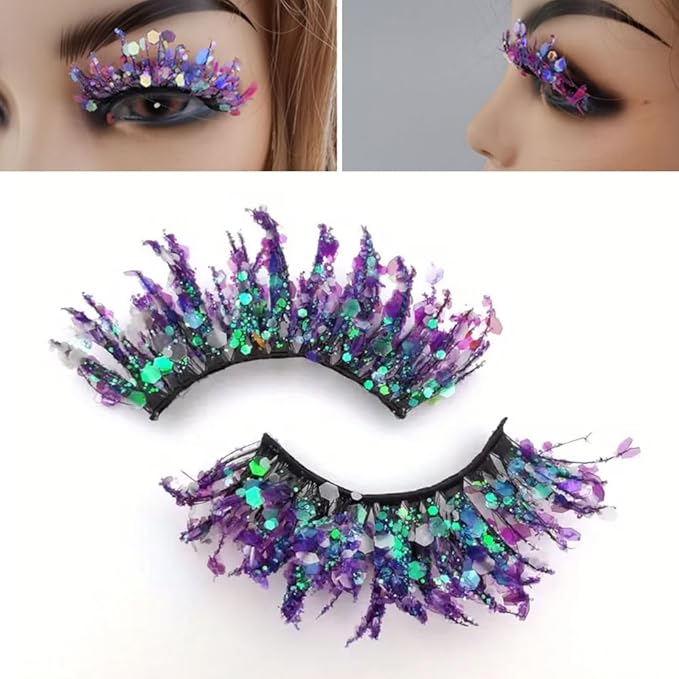 Sunniess Luminous Glitter Lashes,3D Dramatic Eyelashes with Sequins,25mm Decorative Sparkly Lashes for Halloween Colorful Lashes Christmas Cosplay Party Stage Makeup Colored False Eyelashes