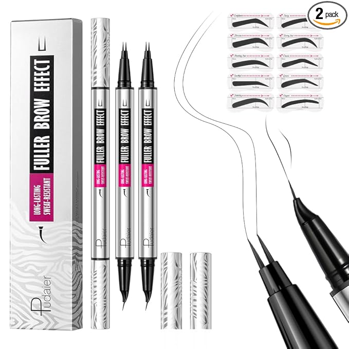 Pudaier 2 Pack 2 Fine Tip Eyebrow Pen, Waterproof Filling Faux Brow Makeup Pencils for Women with Precise Curved Brush-Tip to Fast Create Natural Hair-Like Brows, Last All-Day (Natural Black)