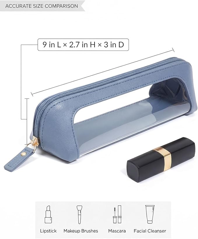 LETGO Clear Makeup Brush Bag Pouch, Waterproof PU Leather Portable Makeup Bag Holder with Transparent Window, Travel Lipstick Case Pouch Car Organizer and Storage (Slim, Blue)