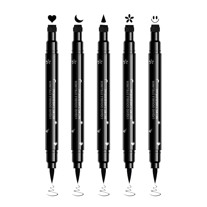 Ownest 5Pcs Eyeliner Stamp, Double-End Liquid Eyeliner Stamp Pen, Waterproof Eye Liner Pencil Set, Face Tattoo Makeup-Triangle+Smiley+Flower+Moon+Heart