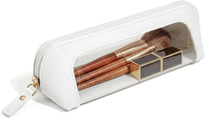 LETGO Clear Makeup Brush Bag Pouch, Waterproof PU Leather Portable Makeup Bag Holder with Transparent Window, Travel Lipstick Case Pouch Car Organizer and Storage (Slim, Beige)