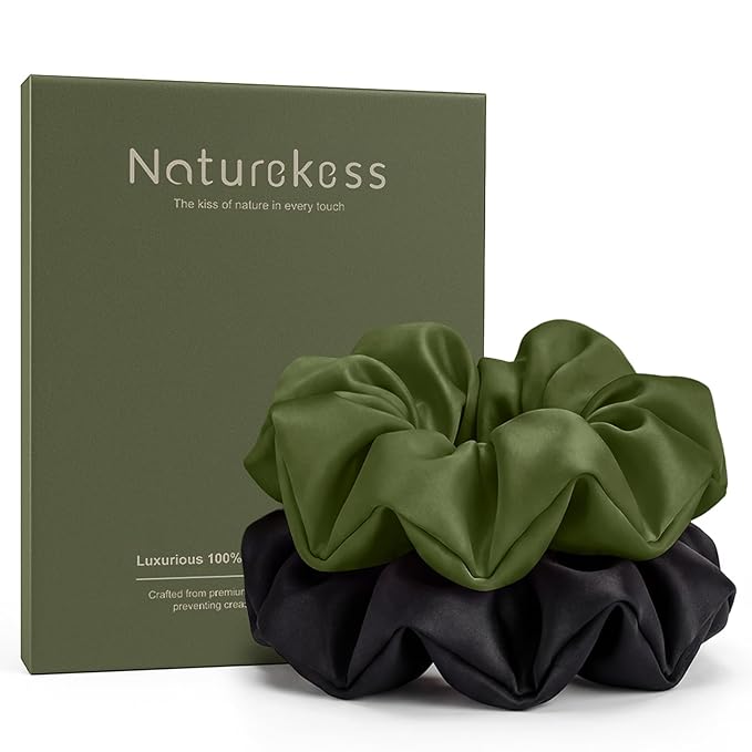2PCS 100% Mulberry Silk Hair Ties, Silk Hair Scrunchies for Women, No Damage for Curly Hair (Black, Olive Green, L)