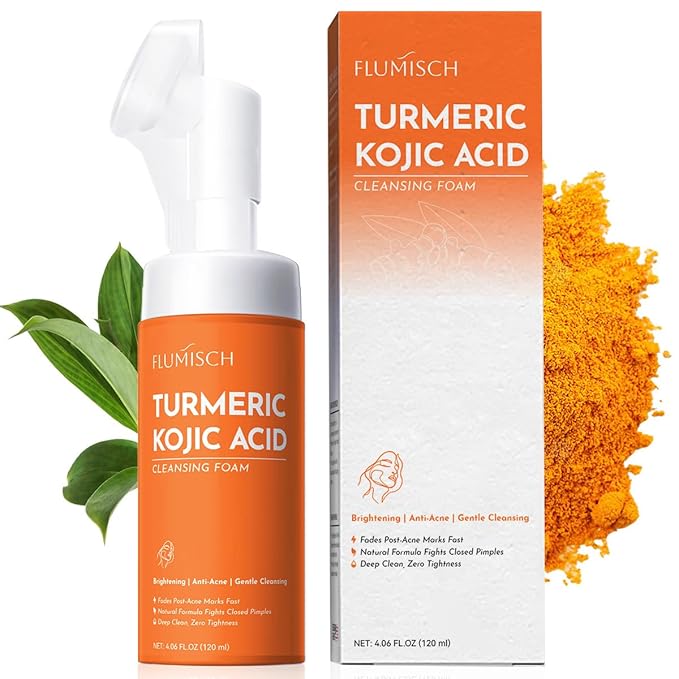 FluMisch Turmeric Kojic Acid Facial Cleanser, Brightening Foaming Face Wash with Soft Massage Heads, Kojic Acid Cleanser Exfoliating, Turmeric Cleansing for Dark Spots 4.23 oz