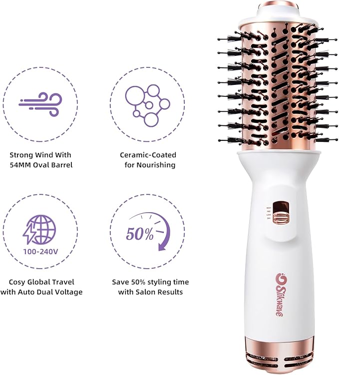 Hair Dryer Brush Blow Dryer Brush 4 in 1, 2 Inch Hot Air Brush for Hair Drying & Styling | Ionic Oval Barrel for Smooth, Frizz-Free Volume Blowout, Dual Voltage Travel Hair Dryer Brush (White)