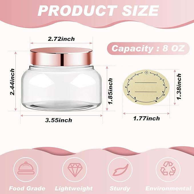 Tessco for you 24 Pack Plastic Jars with Lids Labels Multiuse Slime Containers Empty Body Scrub Jars Round Refillable Cosmetic Body Butter Container for Makeup (8 oz,Rose Gold)